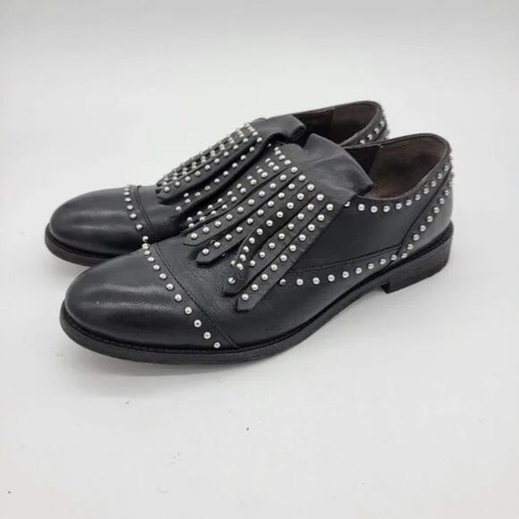 BOEMOS Black Silver Leather Studded Fringe Wingtip Slip On Loafers Size 36 - Picture 1 of 13